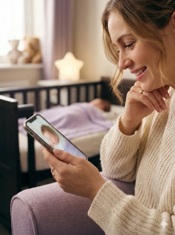 Mother checking her phone with baby sleeping peacefully